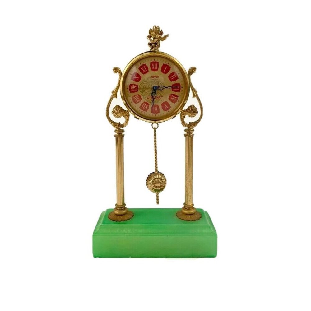 Clock Brass Cherub Top Design Windup Clock with Stone Base Vintage Decor